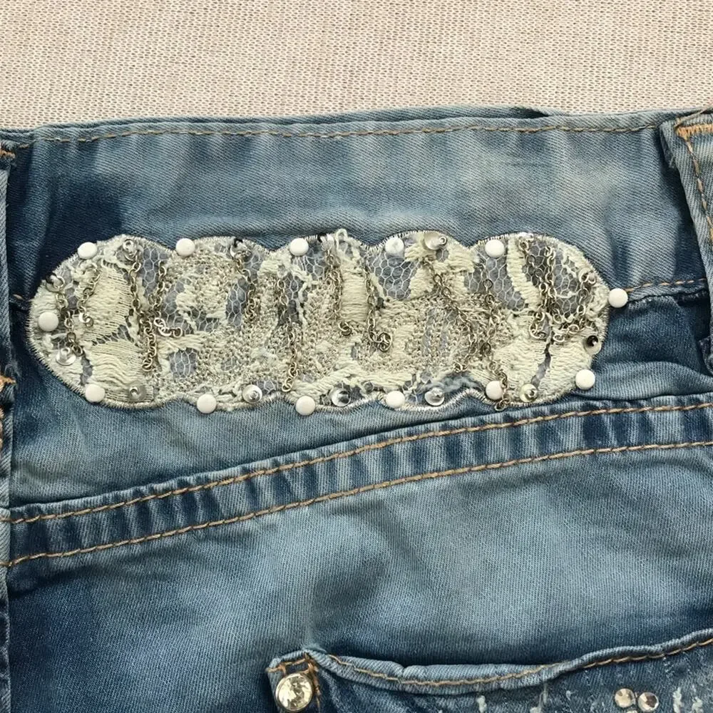 Bling Short Shorts Chambray Embellished Lace Distressed  Denim - Picture 5 of 9